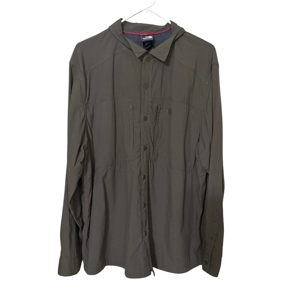 The North Face Mens XXL Olive Green Long Sleeve‎ Hiking Button Down Shirt  Nylon